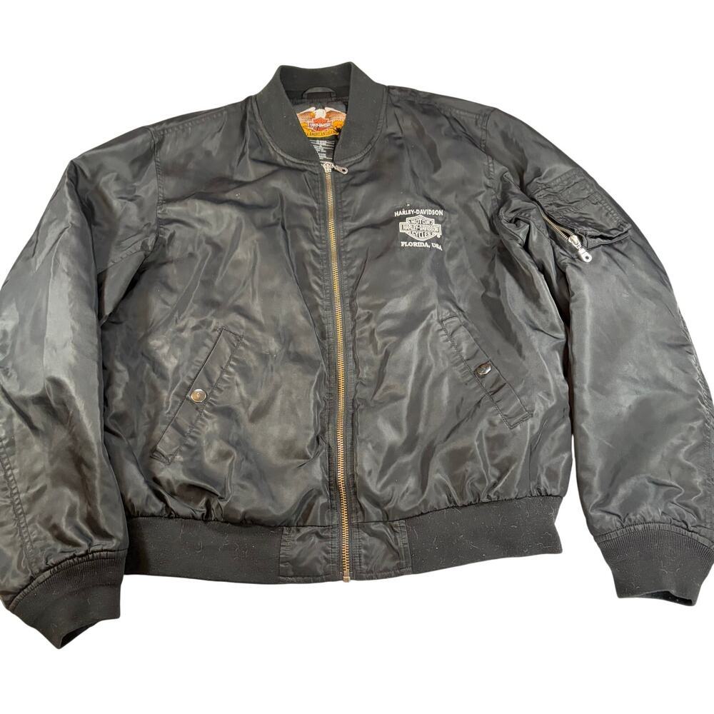 VTG Harley Davidson mens nylon bomber jacket.  Large flag eagle patch.  Size XL.